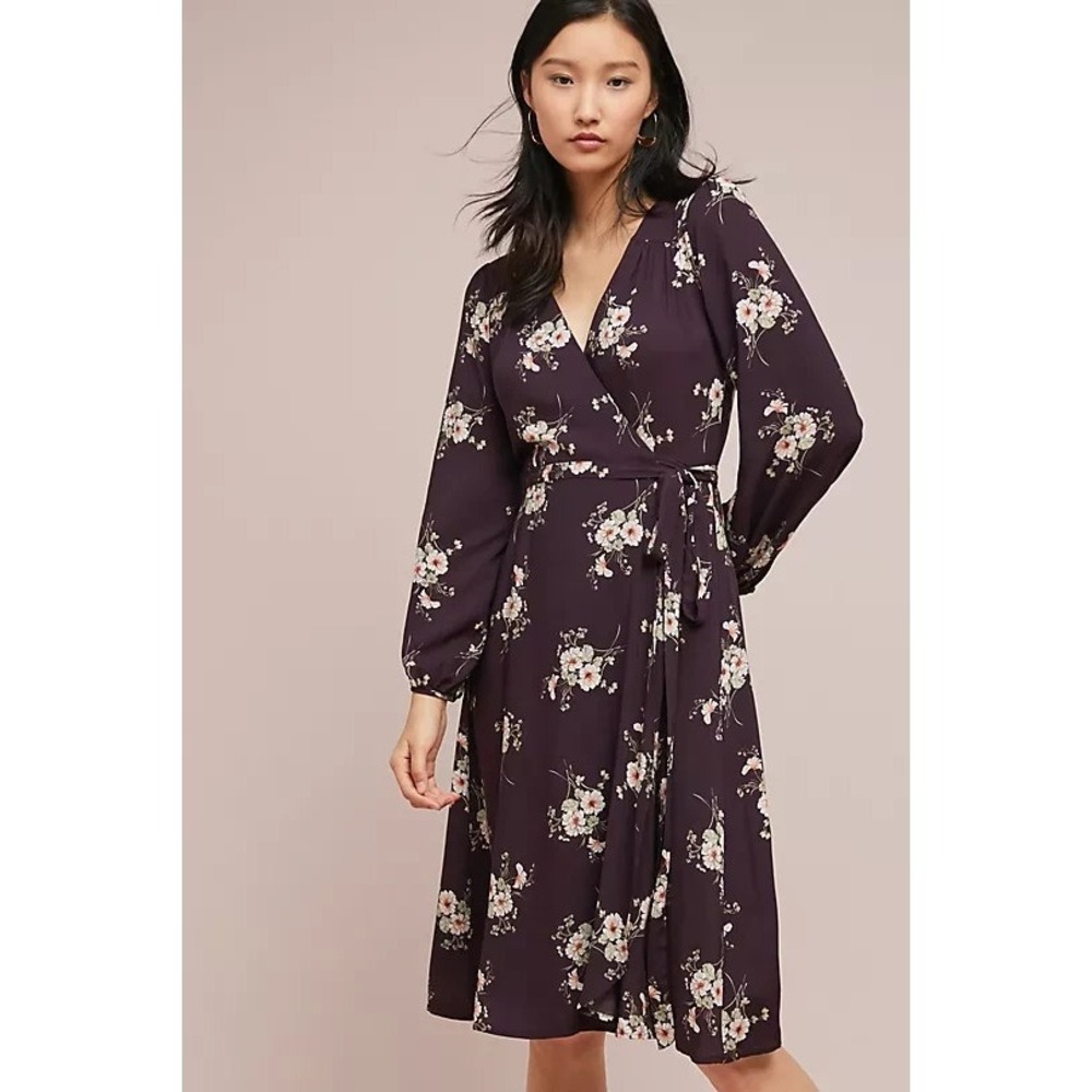 Velvet by Graham Spencer Pomona Floral Wrap‎ Purple Dress Midi USA Dark Romantic
